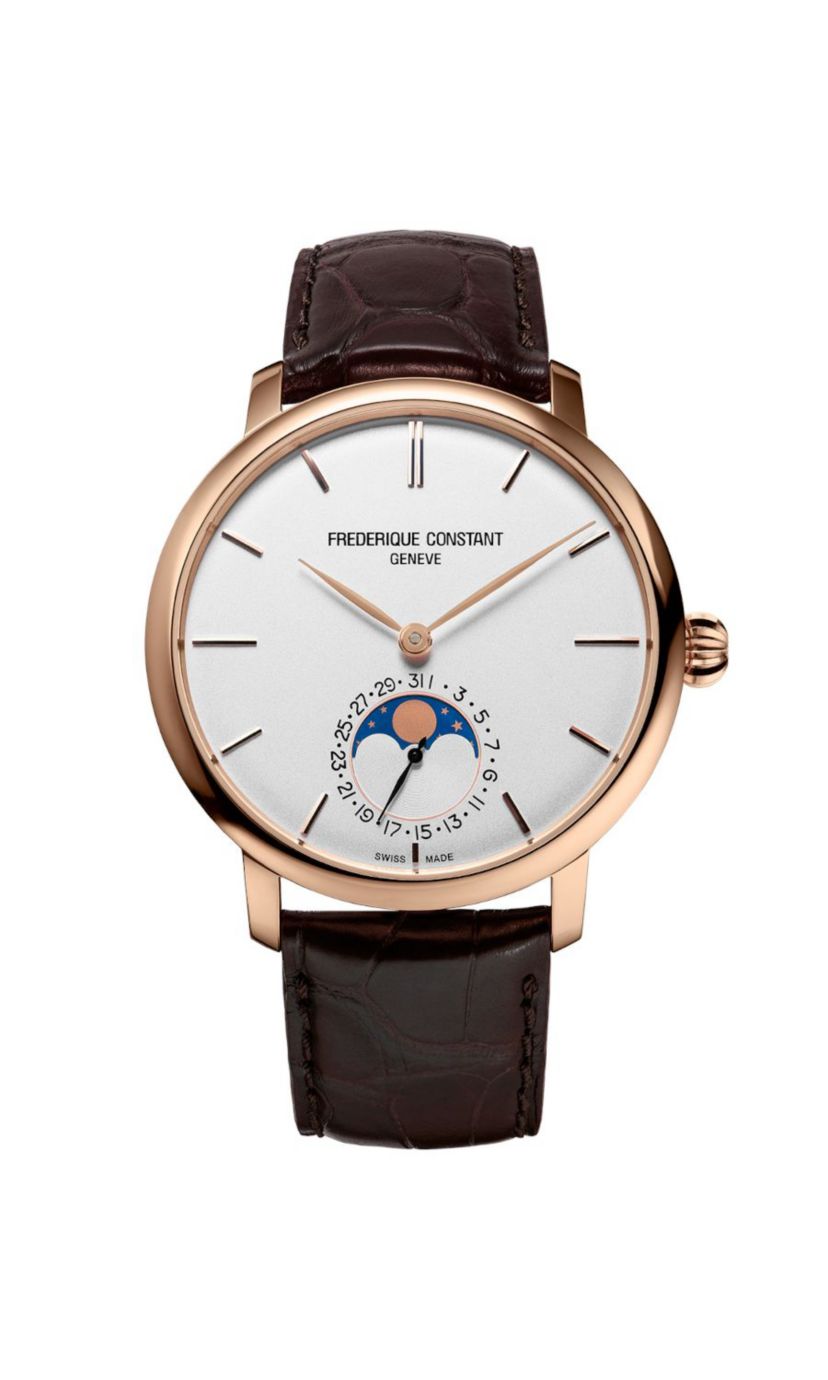 Swiss Mens Slimline Manufacture Moonphase Brown Leather Strap Watch