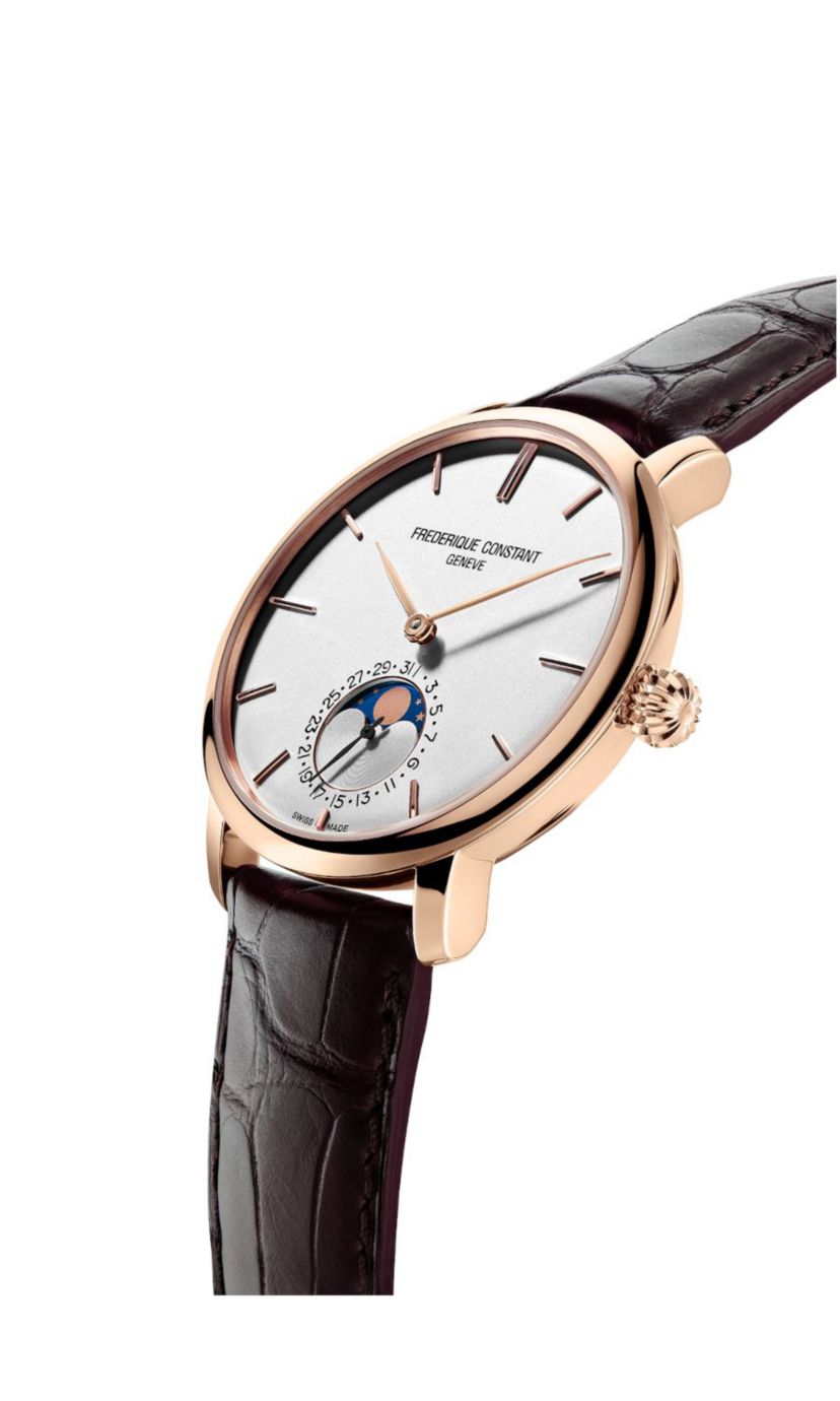 Swiss Mens Slimline Manufacture Moonphase Brown Leather Strap Watch