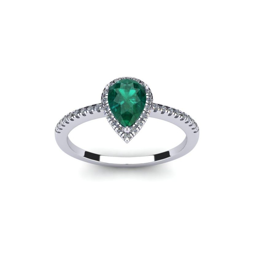 Lab Created 1cttw Pear Shape Created Emerald and Halo Diamond Ring In Sterling Silver