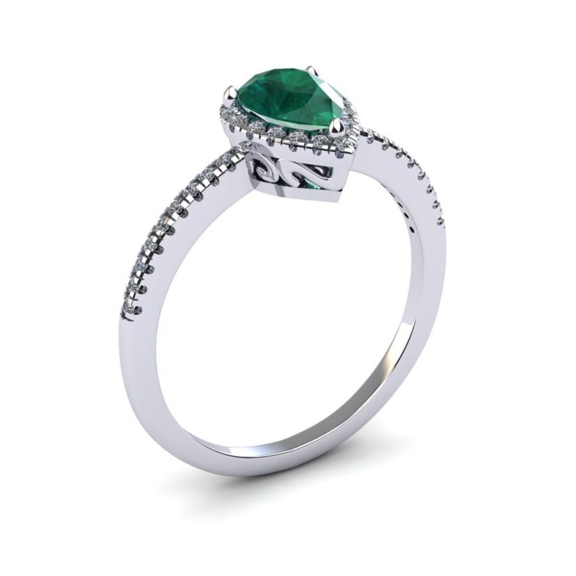 Lab Created 1cttw Pear Shape Created Emerald and Halo Diamond Ring In Sterling Silver