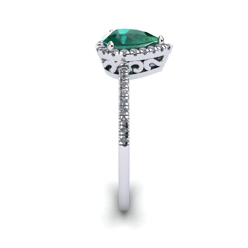 Lab Created 1cttw Pear Shape Created Emerald and Halo Diamond Ring In Sterling Silver