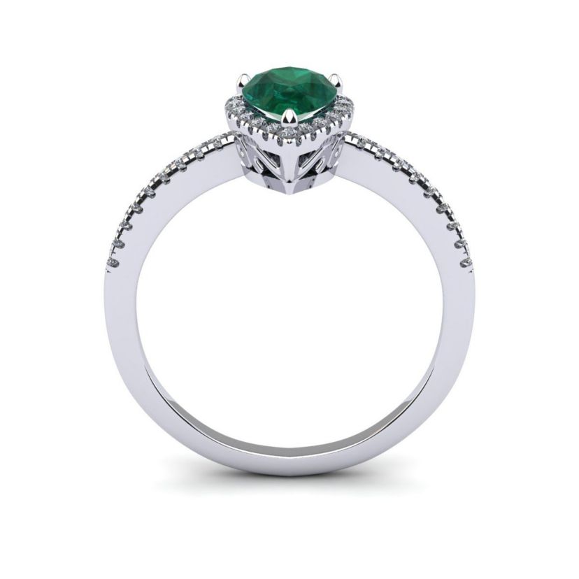 Lab Created 1cttw Pear Shape Created Emerald and Halo Diamond Ring In Sterling Silver