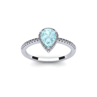 1cttw Pear Shape Aquamarine and Halo Diamond Ring Sterling Silver