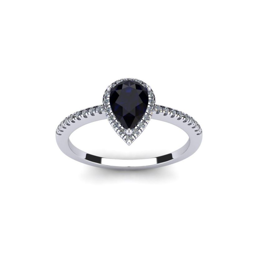Lab Created 1cttw Pear Shape Created Sapphire and Halo Diamond Ring In Sterling Silver