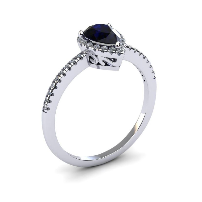 Lab Created 1cttw Pear Shape Created Sapphire and Halo Diamond Ring In Sterling Silver