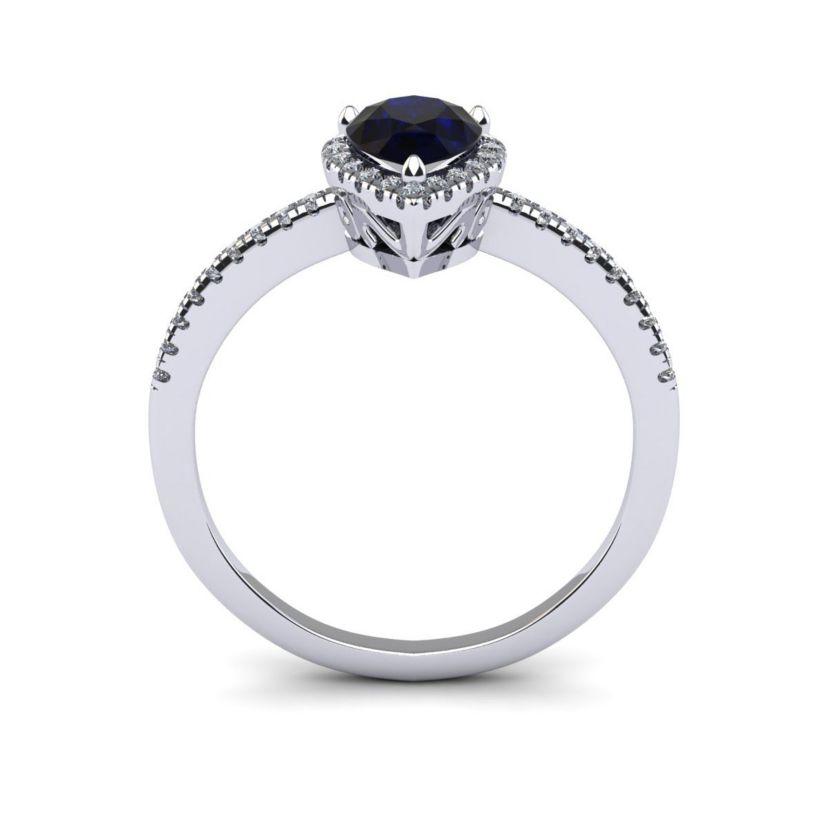 Lab Created 1cttw Pear Shape Created Sapphire and Halo Diamond Ring In Sterling Silver