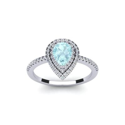 Belk & Co 1cttw Pear Shape Aquamarine and Double Halo Diamond Ring In Sterling Silver