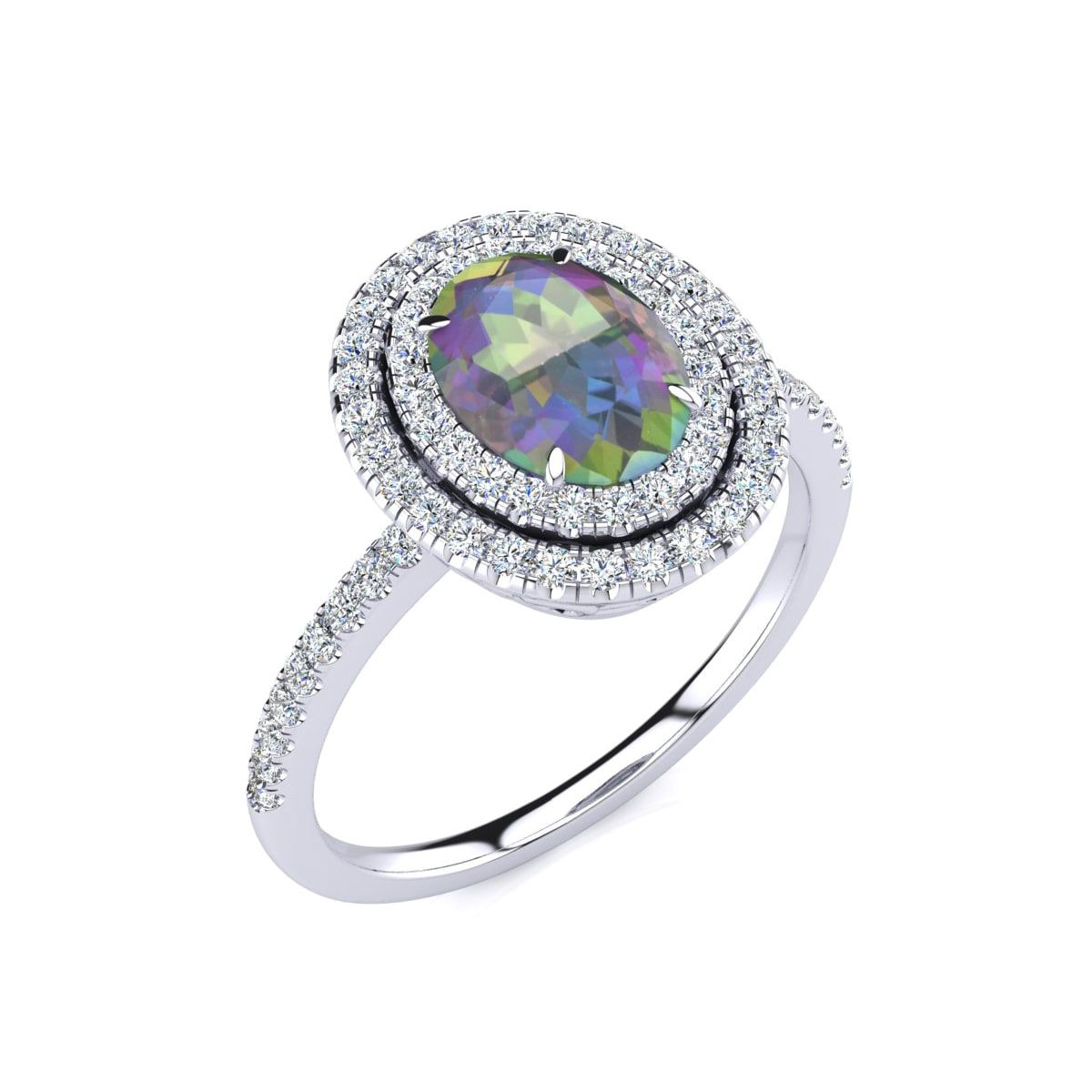 1 1/2cttw Oval Shape Mystic Topaz and Double Halo Diamond Ring In Sterling Silver