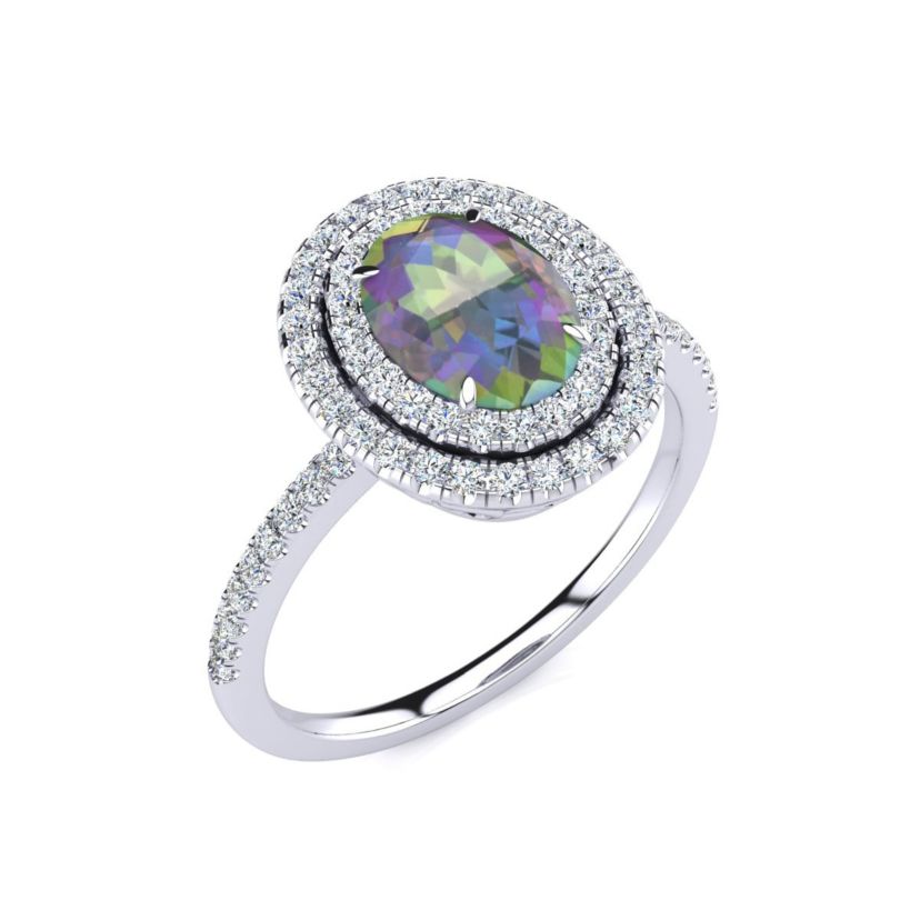 1 1/2cttw Oval Shape Mystic Topaz and Double Halo Diamond Ring In Sterling Silver