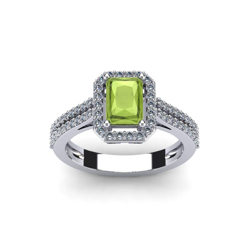 1 1/2cttw Octagon Shape Peridot and Halo Diamond Ring In Sterling Silver
