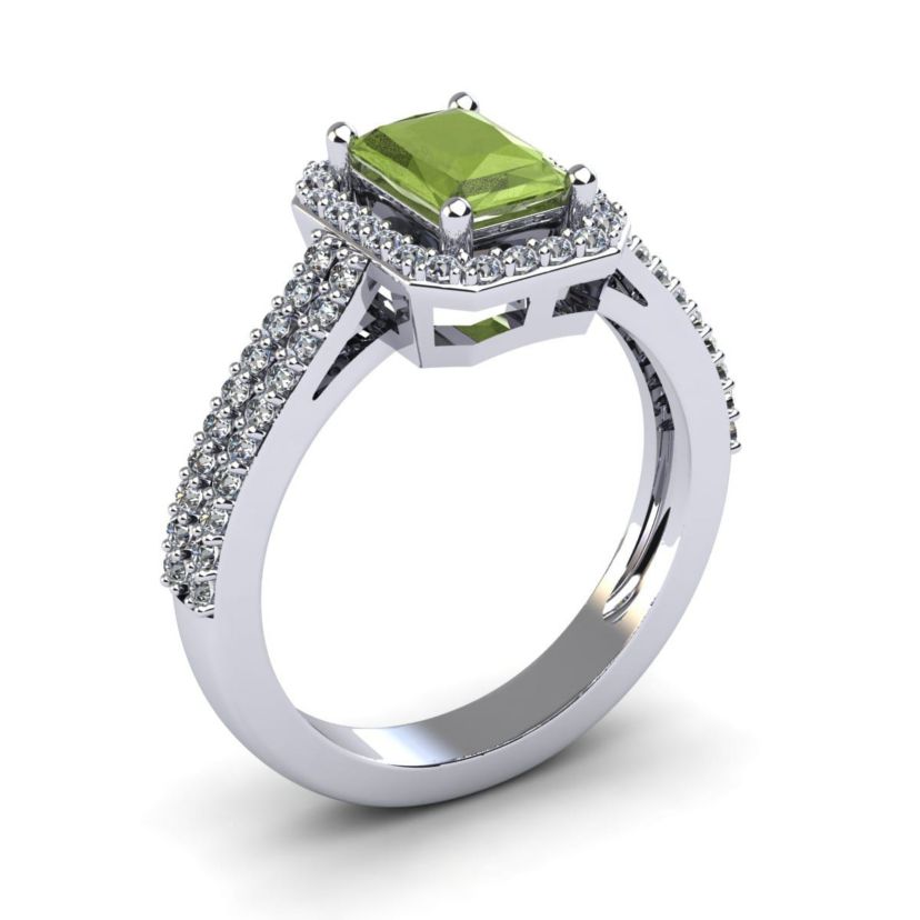 1 1/2cttw Octagon Shape Peridot and Halo Diamond Ring In Sterling Silver
