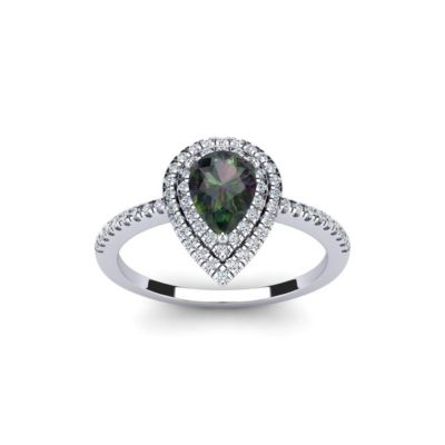 Belk & Co 1cttw Pear Shape Mystic Topaz and Double Halo Diamond Ring In Sterling Silver, White, 8.5