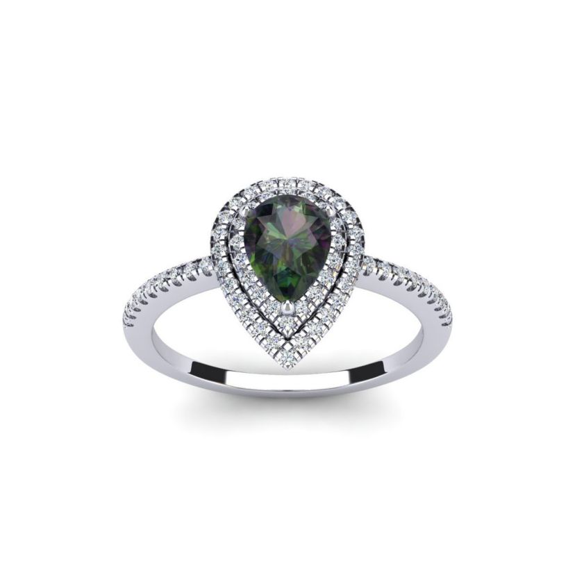 1cttw Pear Shape Mystic Topaz and Double Halo Diamond Ring In Sterling Silver