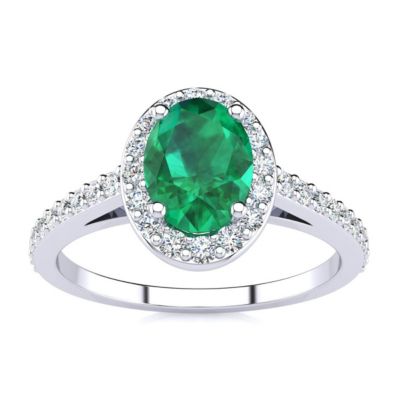 Belk & Co Lab Created 1cttw Oval Shape Created Emerald and Halo Diamond Ring In Sterling Silver, White, 8.5