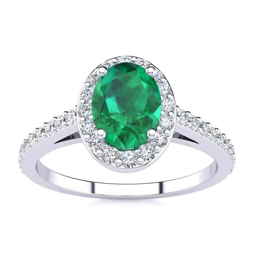 Lab Created 1cttw Oval Shape Created Emerald and Halo Diamond Ring In Sterling Silver