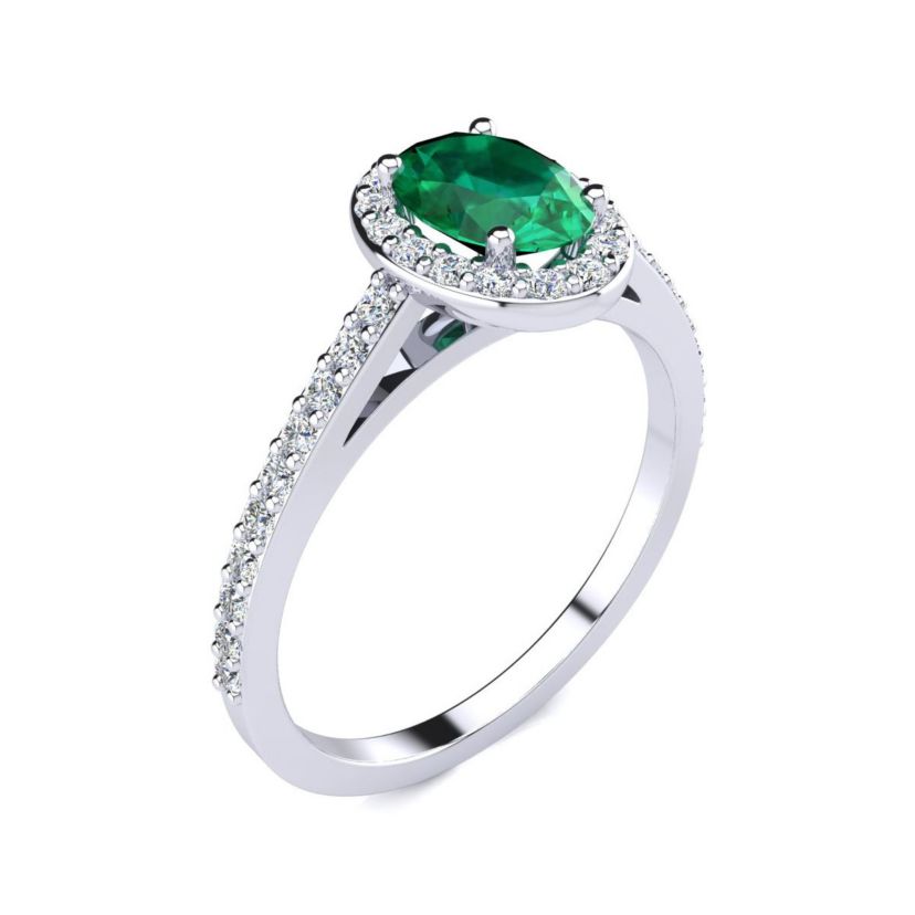 Lab Created 1cttw Oval Shape Created Emerald and Halo Diamond Ring In Sterling Silver