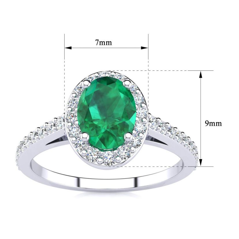Lab Created 1cttw Oval Shape Created Emerald and Halo Diamond Ring In Sterling Silver