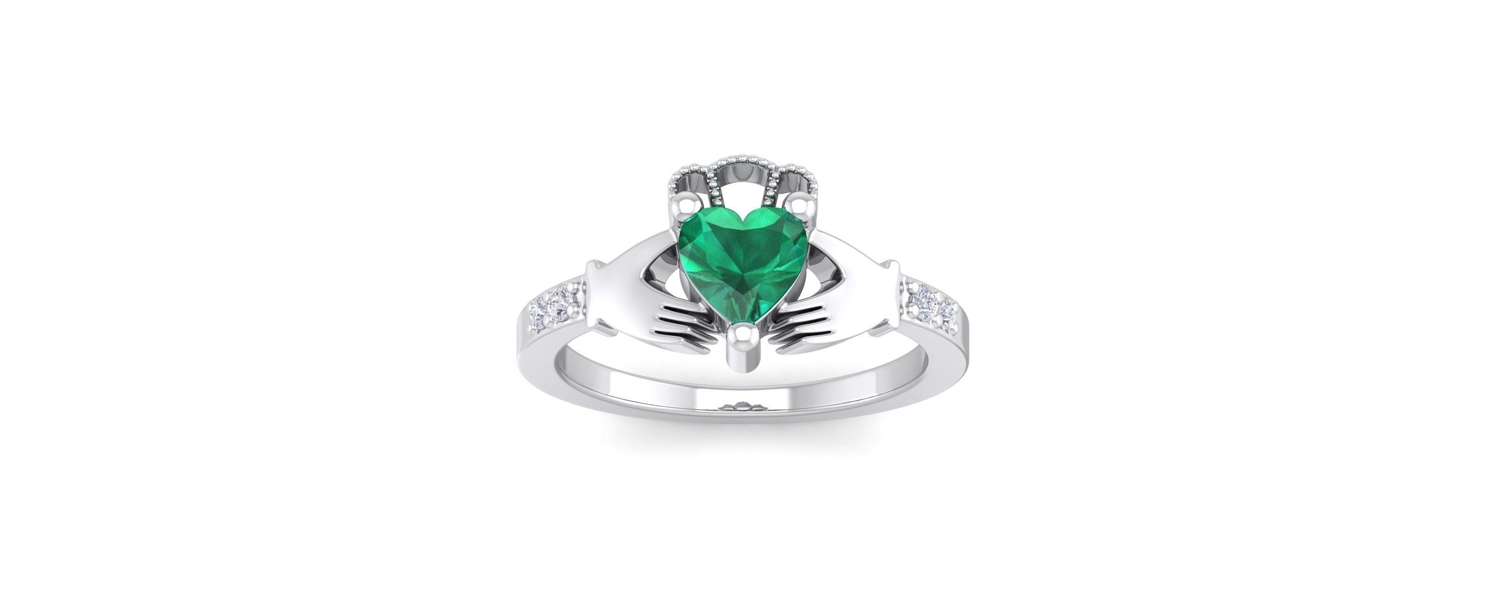 Lab Created 1cttw Heart Shape Created Emerald and Diamond Claddagh Ring In Sterling Silver