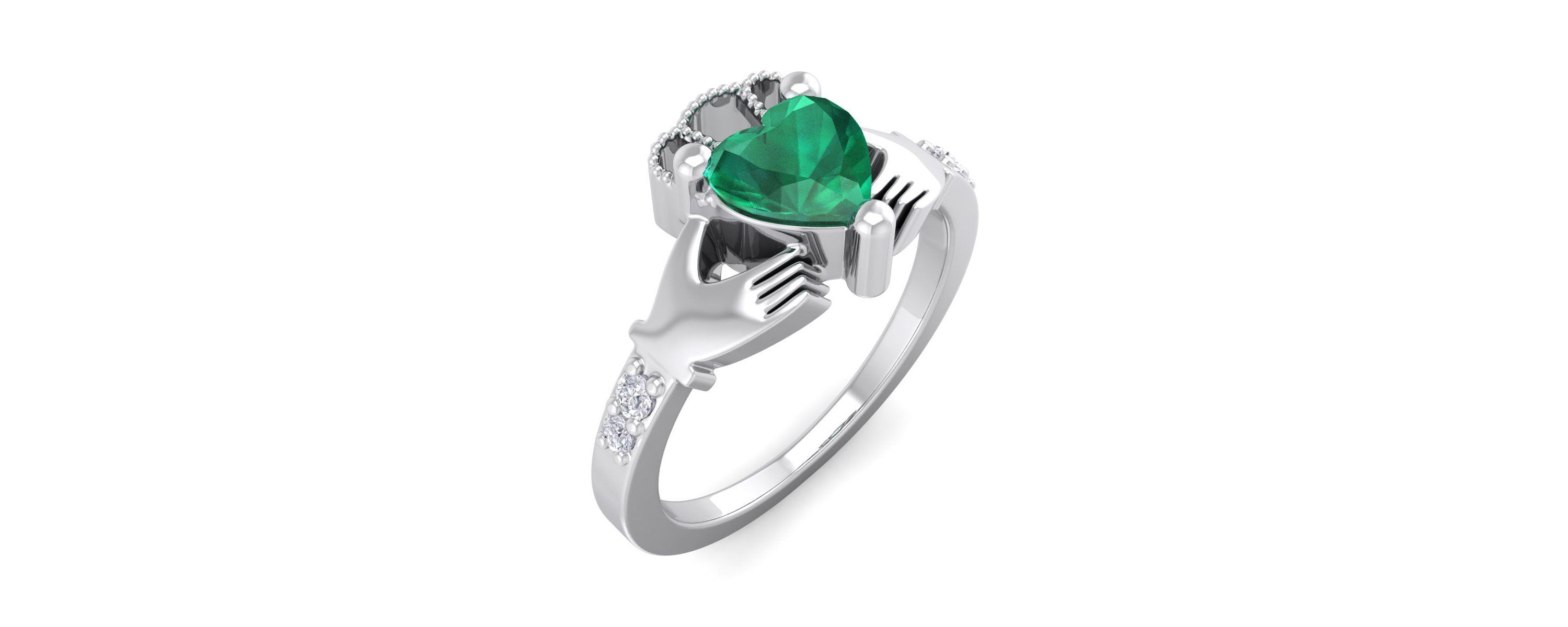 Lab Created 1cttw Heart Shape Created Emerald and Diamond Claddagh Ring In Sterling Silver