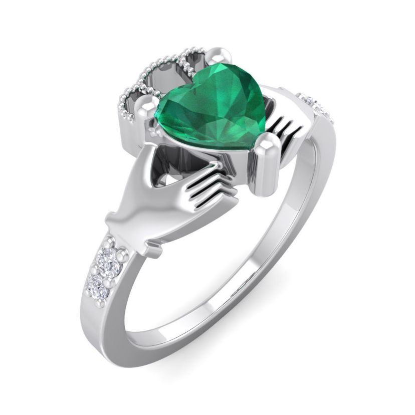 Lab Created 1cttw Heart Shape Created Emerald and Diamond Claddagh Ring In Sterling Silver
