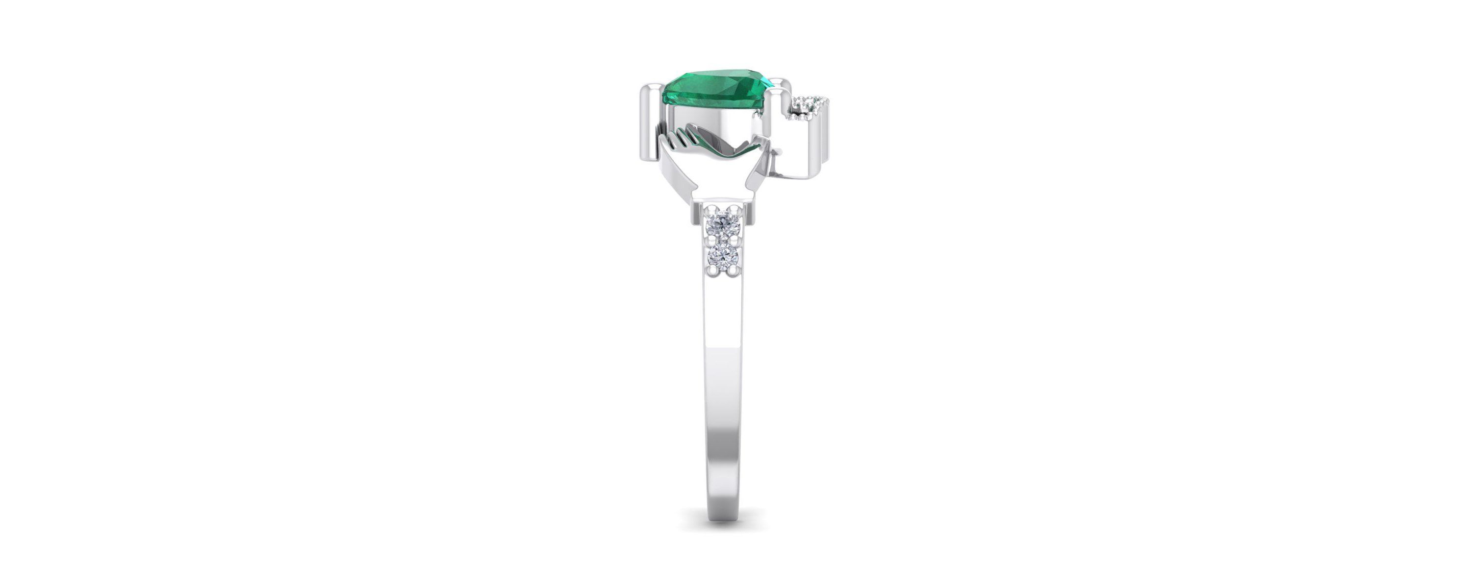 Lab Created 1cttw Heart Shape Created Emerald and Diamond Claddagh Ring In Sterling Silver
