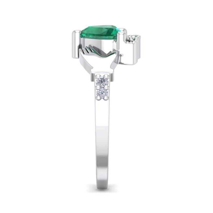 Lab Created 1cttw Heart Shape Created Emerald and Diamond Claddagh Ring In Sterling Silver