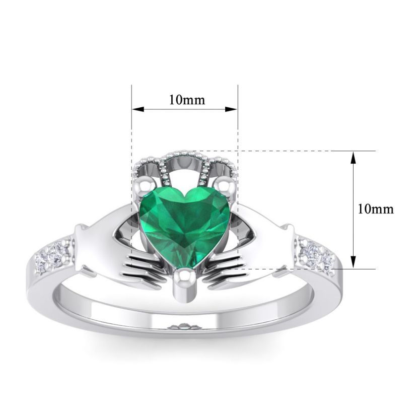 Lab Created 1cttw Heart Shape Created Emerald and Diamond Claddagh Ring In Sterling Silver