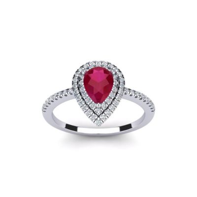 Belk & Co Lab Created 1cttw Pear Shape Created Ruby and Double Halo Diamond Ring In Sterling Silver, White, 7.5