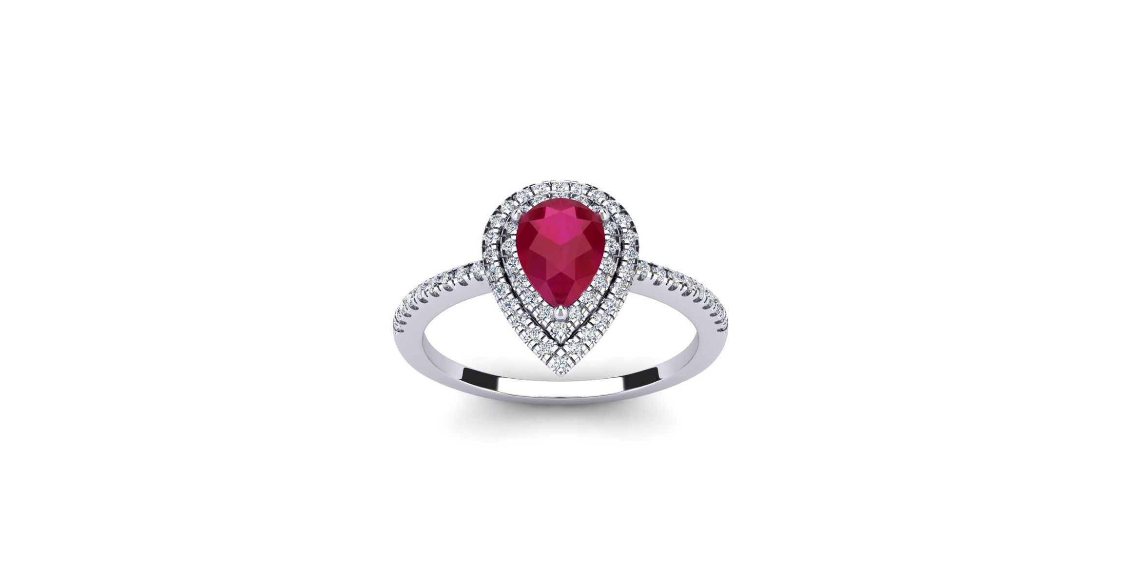 Lab Created 1cttw Pear Shape Created Ruby and Double Halo Diamond Ring In Sterling Silver