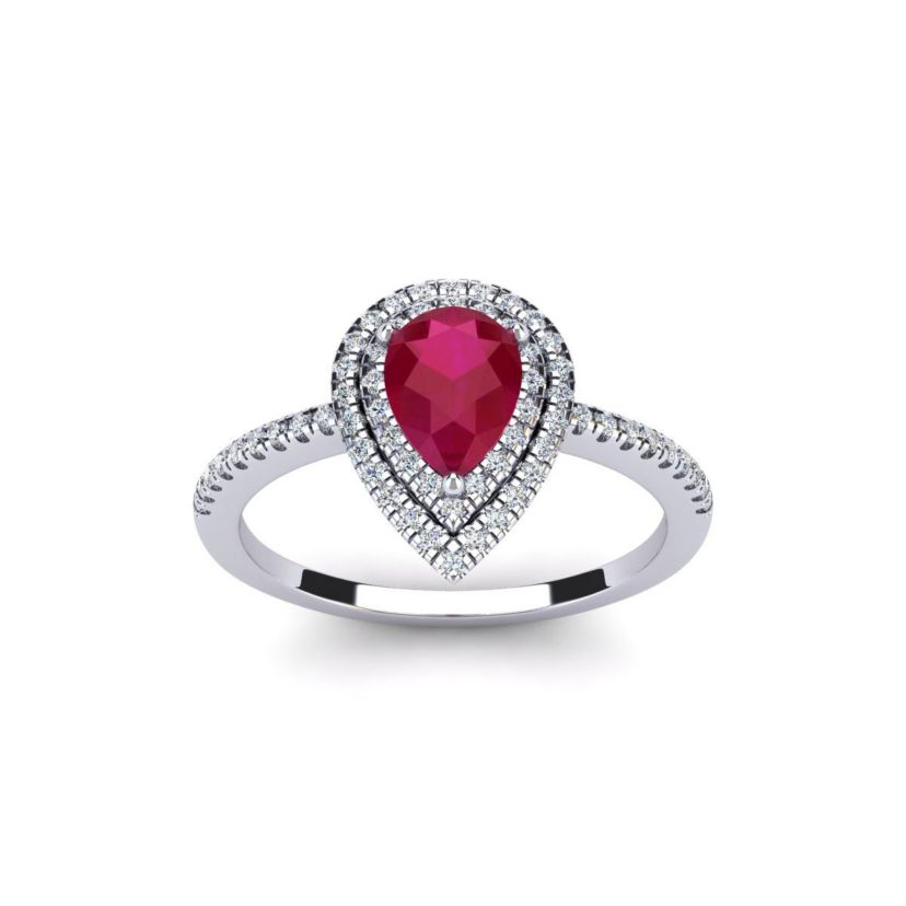 Lab Created 1cttw Pear Shape Created Ruby and Double Halo Diamond Ring In Sterling Silver