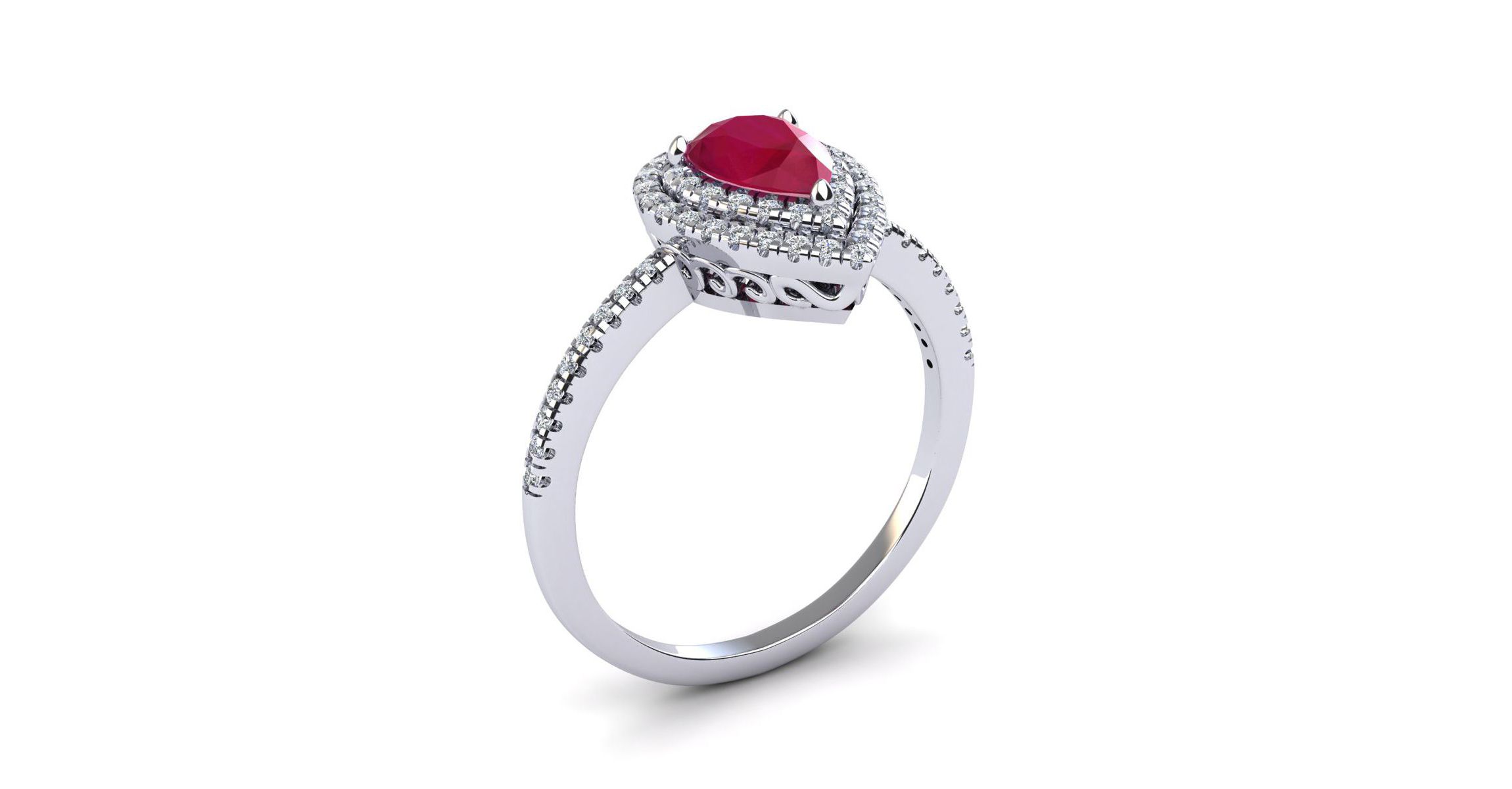 Lab Created 1cttw Pear Shape Created Ruby and Double Halo Diamond Ring In Sterling Silver