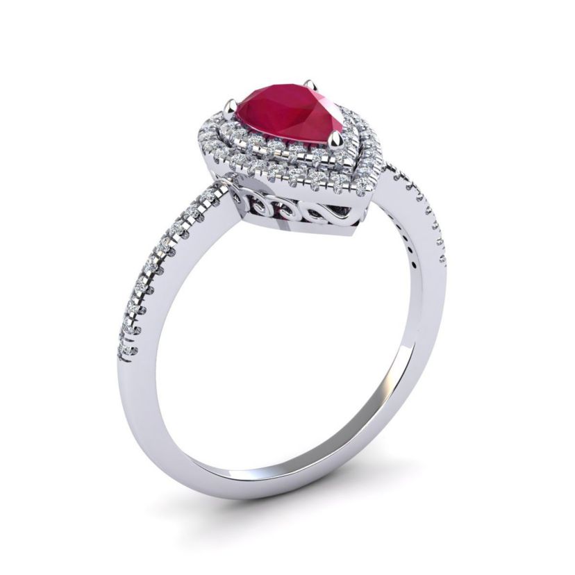 Lab Created 1cttw Pear Shape Created Ruby and Double Halo Diamond Ring In Sterling Silver