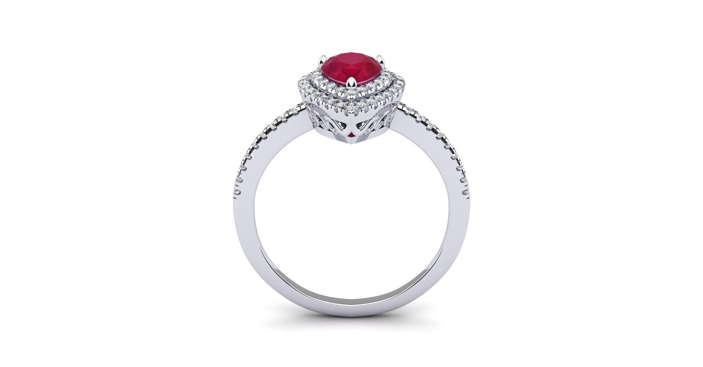 Lab Created 1cttw Pear Shape Created Ruby and Double Halo Diamond Ring In Sterling Silver