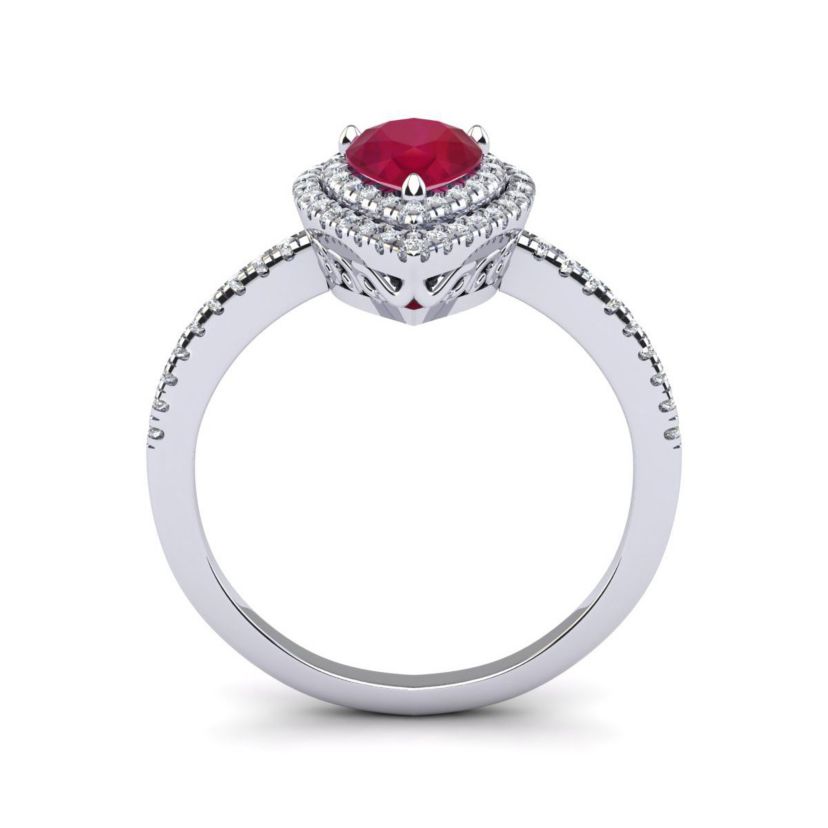 Lab Created 1cttw Pear Shape Created Ruby and Double Halo Diamond Ring In Sterling Silver