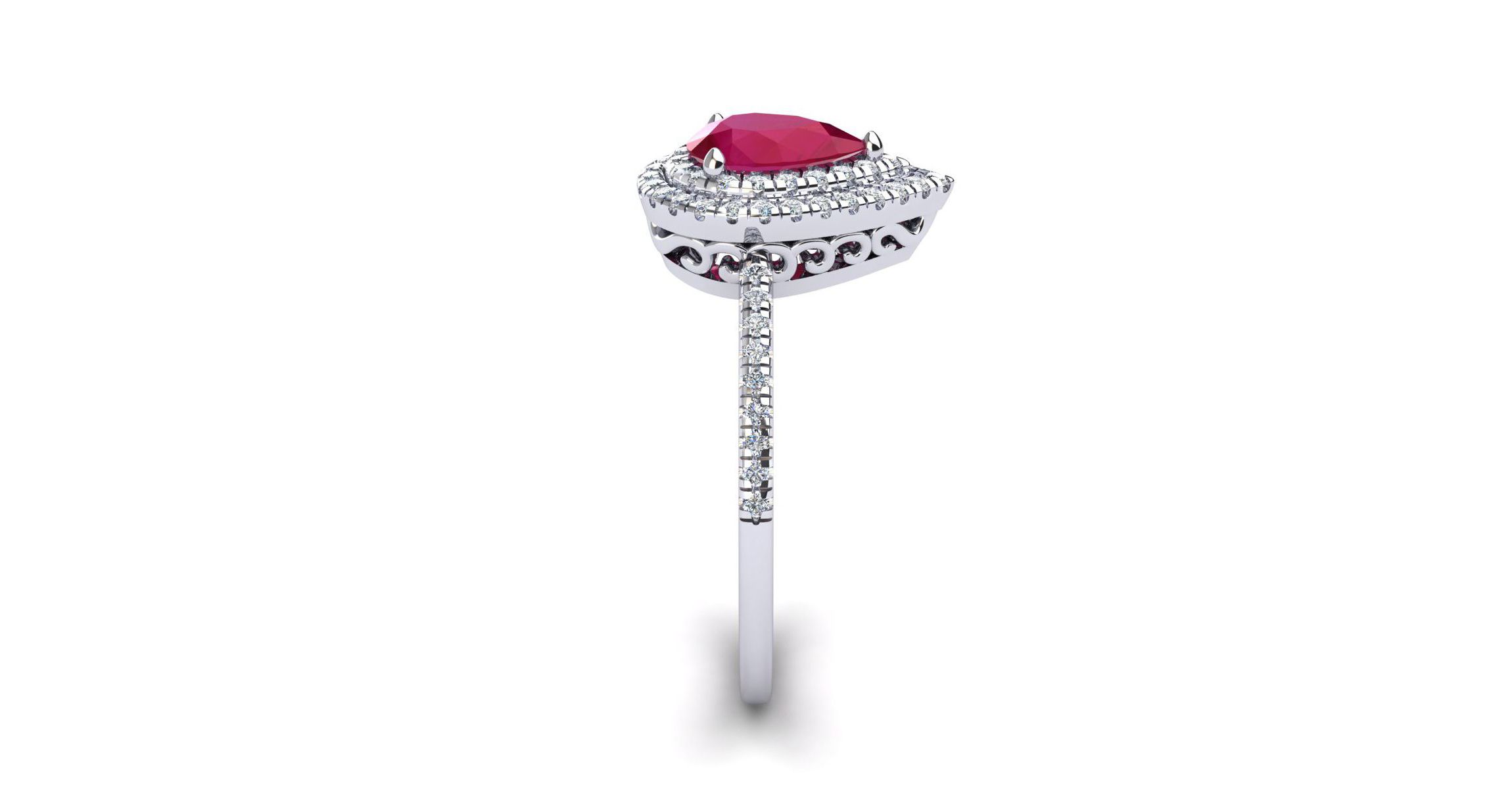 Lab Created 1cttw Pear Shape Created Ruby and Double Halo Diamond Ring In Sterling Silver