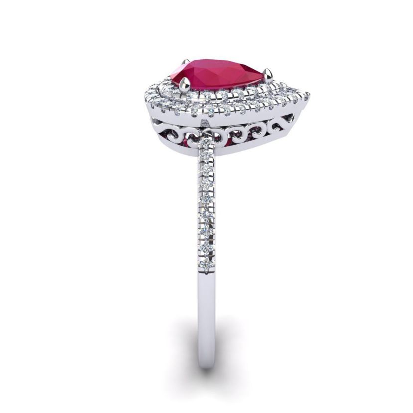Lab Created 1cttw Pear Shape Created Ruby and Double Halo Diamond Ring In Sterling Silver