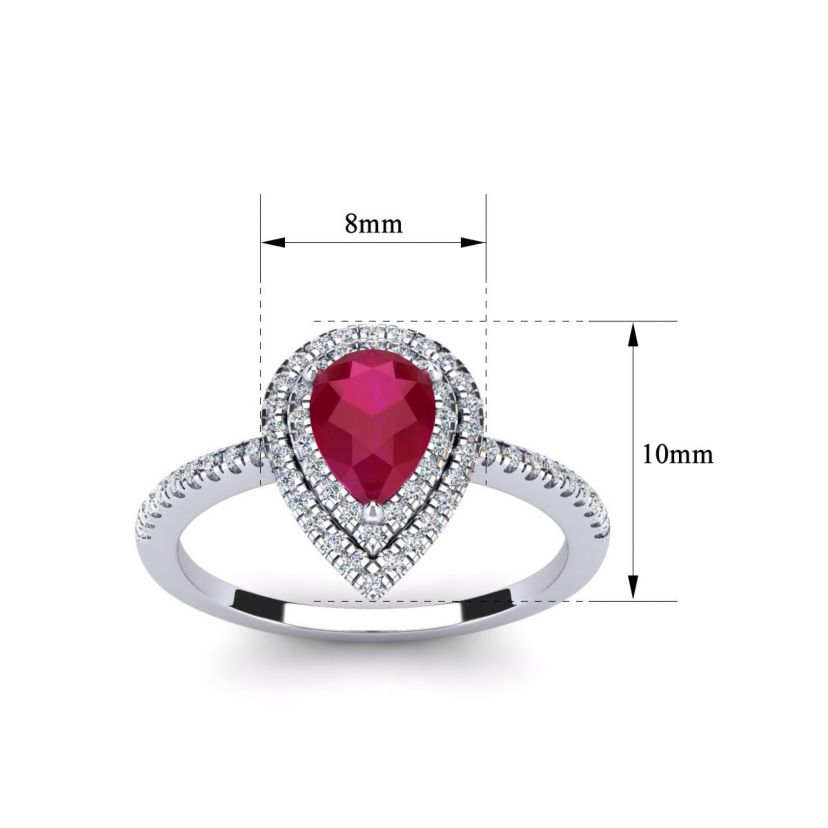 Lab Created 1cttw Pear Shape Created Ruby and Double Halo Diamond Ring In Sterling Silver