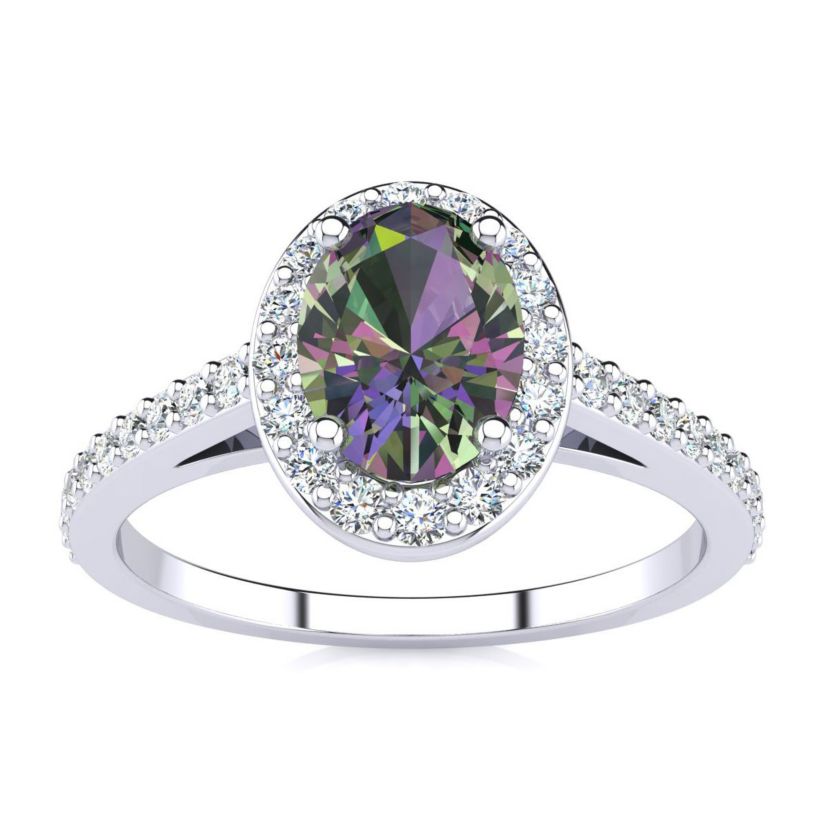 1cttw Oval Shape Mystic Topaz and Halo Diamond Ring In Sterling Silver