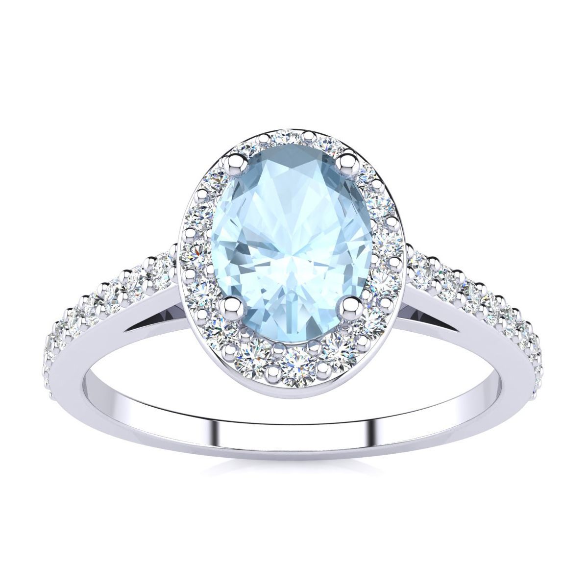 1cttw Oval Shape Aquamarine and Halo Diamond Ring In Sterling Silver