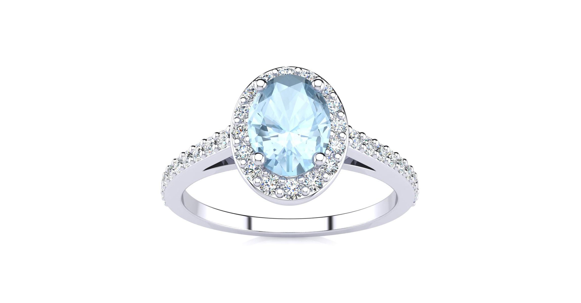 1cttw Oval Shape Aquamarine and Halo Diamond Ring In Sterling Silver
