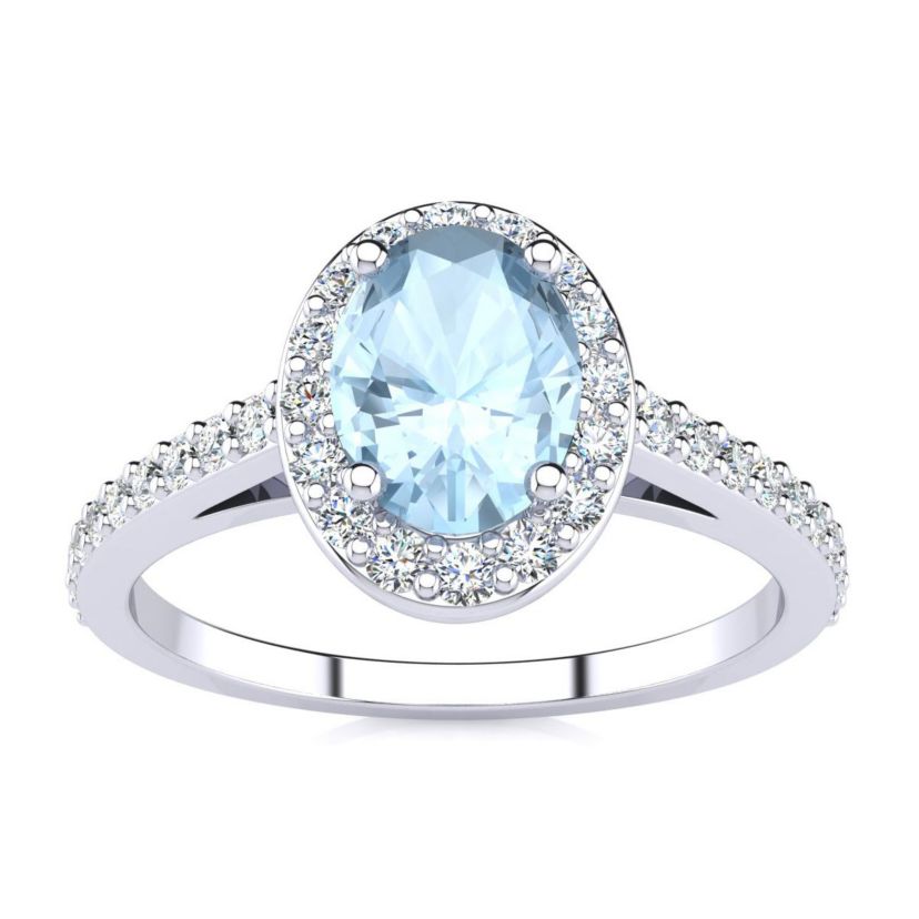 1cttw Oval Shape Aquamarine and Halo Diamond Ring In Sterling Silver
