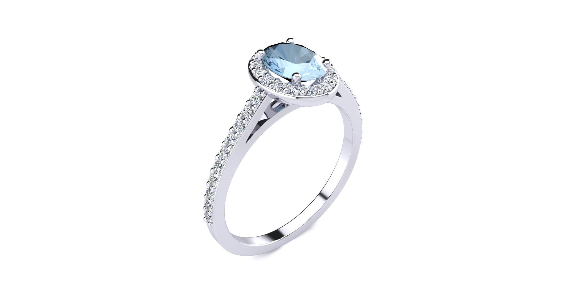 1cttw Oval Shape Aquamarine and Halo Diamond Ring In Sterling Silver