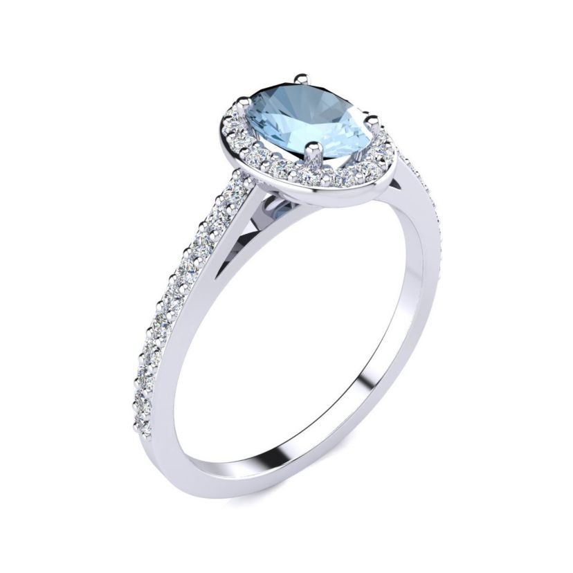 1cttw Oval Shape Aquamarine and Halo Diamond Ring In Sterling Silver
