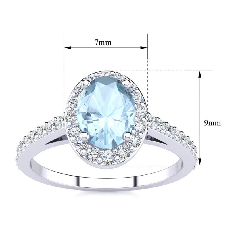 1cttw Oval Shape Aquamarine and Halo Diamond Ring In Sterling Silver