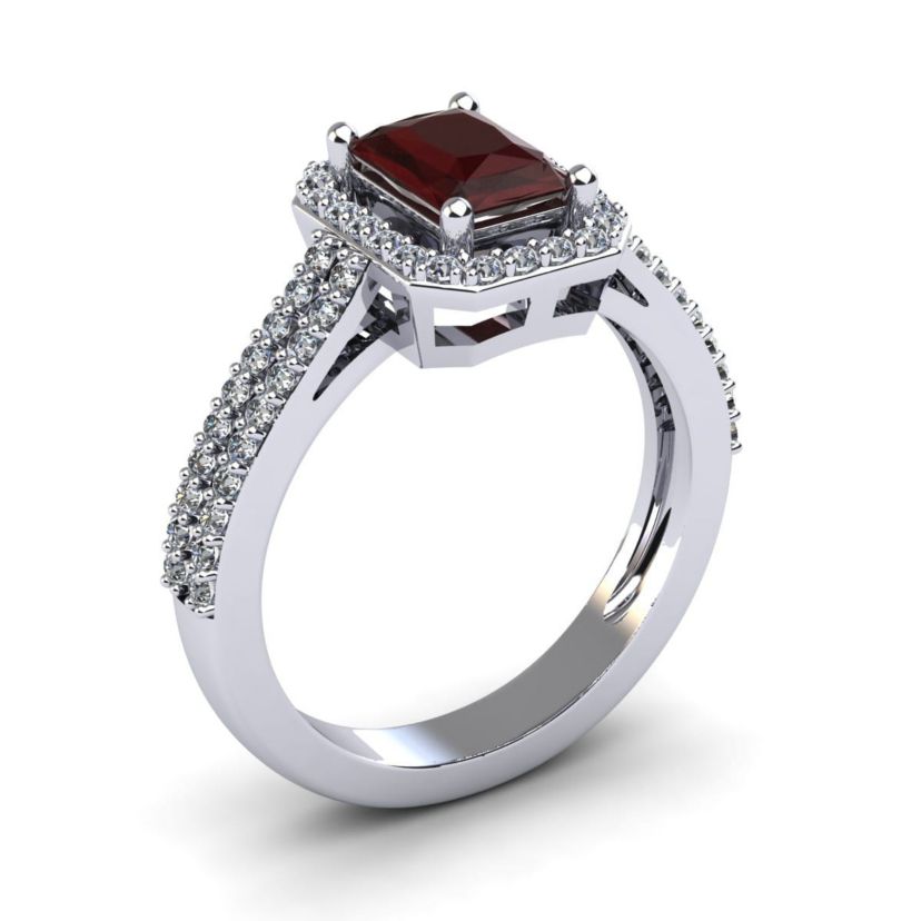 1 1/2cttw Octagon Shape Garnet and Halo Diamond Ring In Sterling Silver