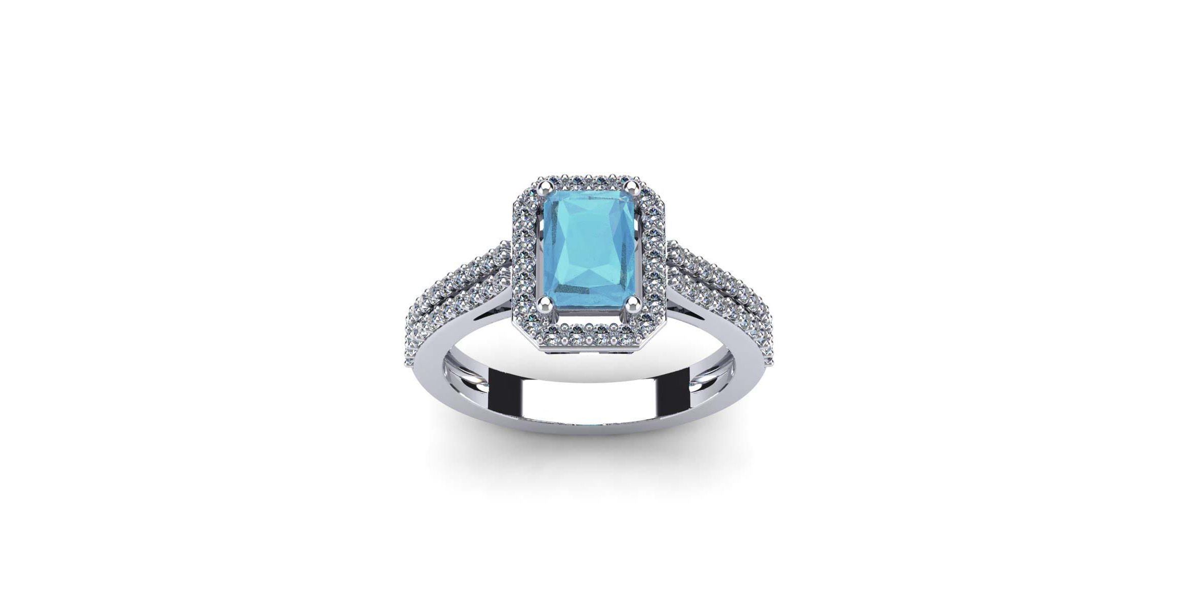 1 1/2cttw Octagon Shape Aquamarine and Halo Diamond Ring In Sterling Silver