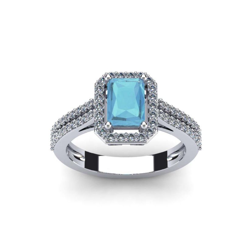 1 1/2cttw Octagon Shape Aquamarine and Halo Diamond Ring In Sterling Silver