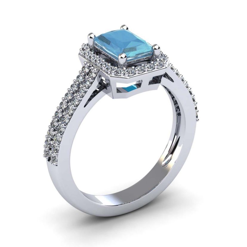 1 1/2cttw Octagon Shape Aquamarine and Halo Diamond Ring In Sterling Silver