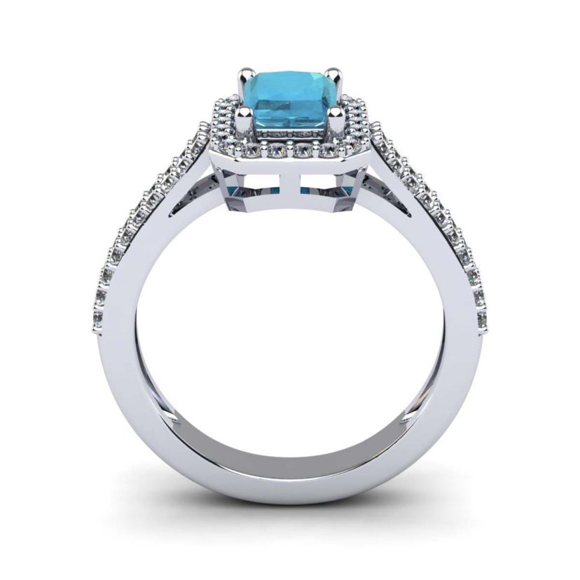 1 1/2cttw Octagon Shape Aquamarine and Halo Diamond Ring In Sterling Silver