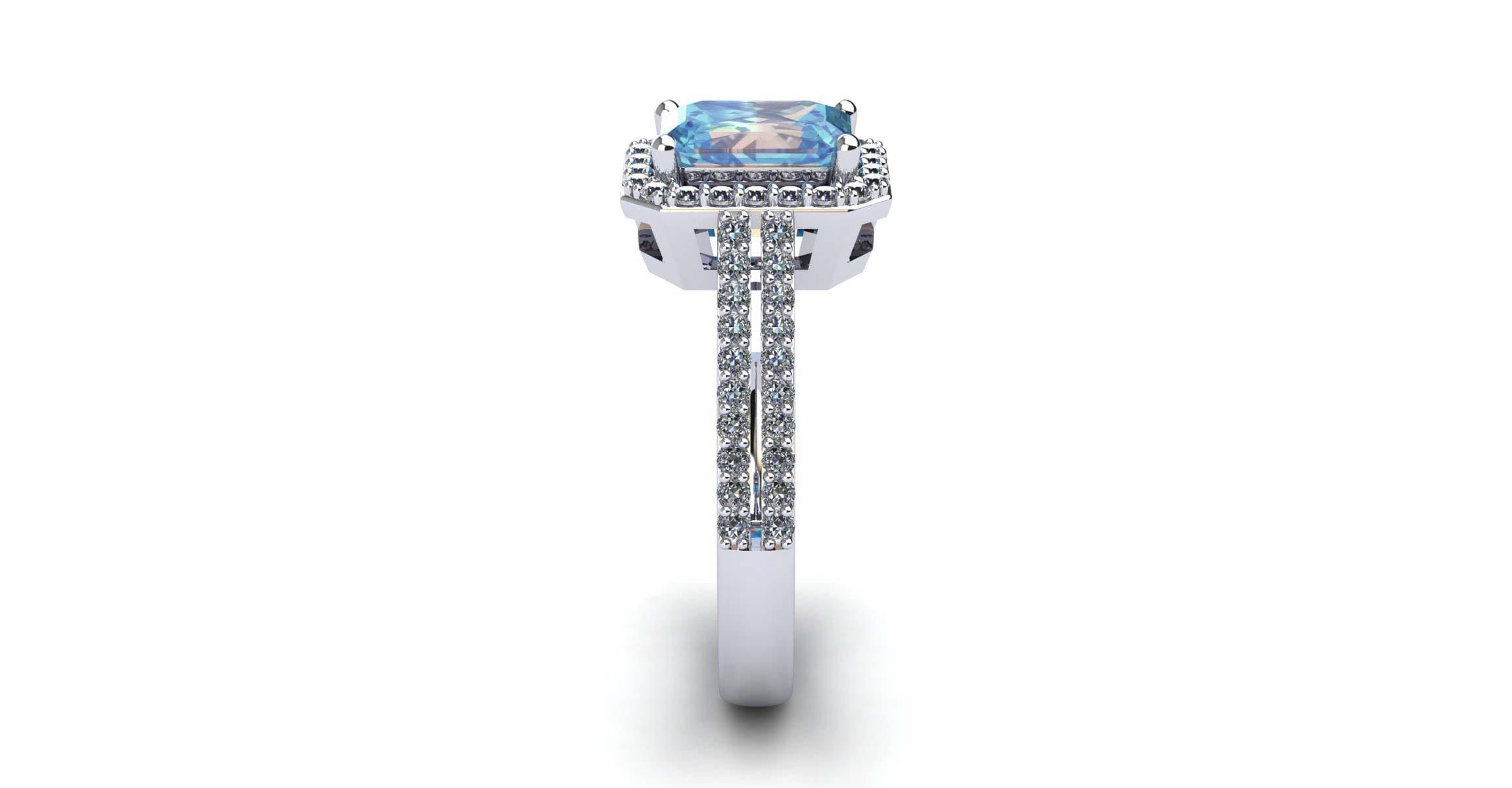 1 1/2cttw Octagon Shape Aquamarine and Halo Diamond Ring In Sterling Silver